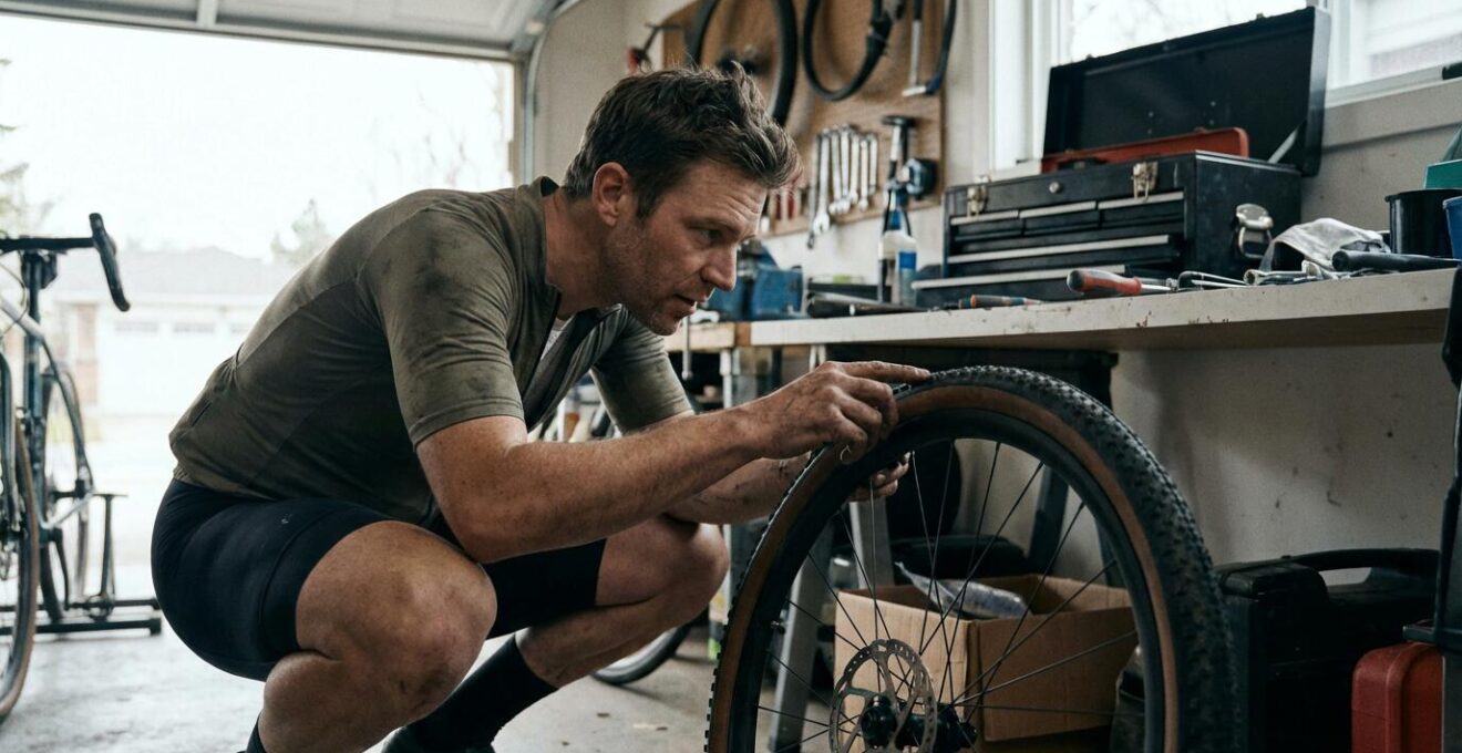 Cycliste inspectant le flanc d'un pneu dégonflé dans un garage