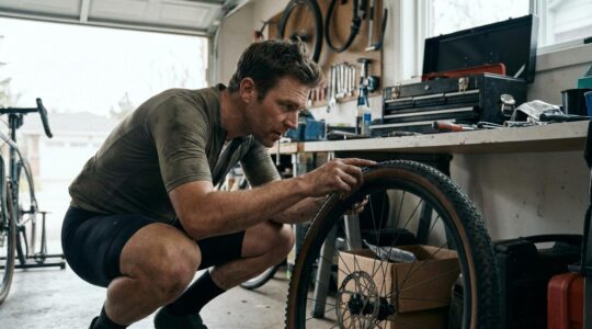 Cycliste inspectant le flanc d'un pneu dégonflé dans un garage