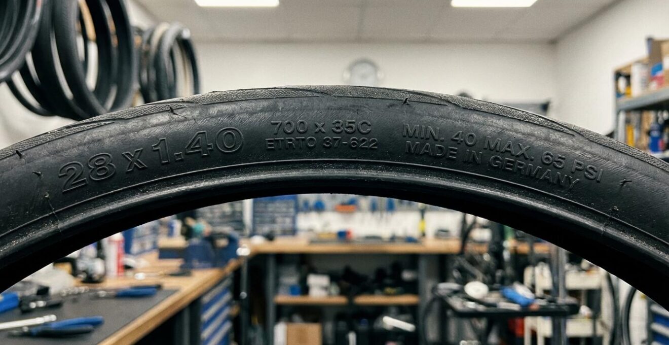 Gros plan sur les inscriptions de taille (chambre à air) sur un flanc de pneu vélo