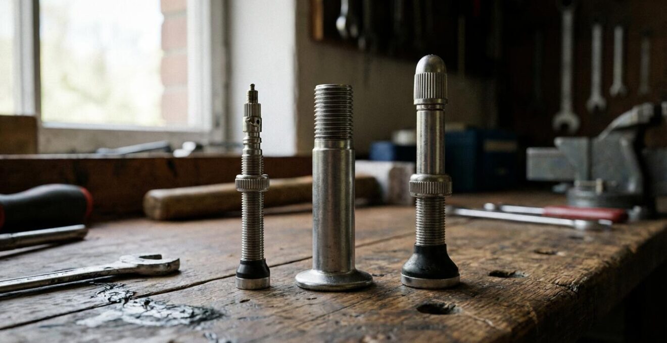 Trois types de valves vélo (Presta, Schrader, Dunlop) alignées pour comparaison
