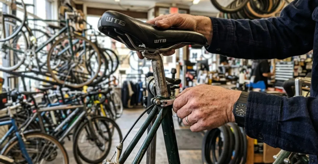 Les mains d'un conseiller ajustent la hauteur de selle pour un client dans une boutique, vélos flous en arrière-plan