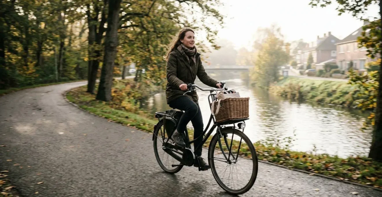 Une cycliste pédale sur une piste bordée d'arbres le long de la Marne, guidon haut et panier avant visibles sur son vélo
