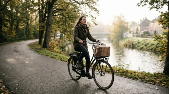 Une cycliste pédale sur une piste bordée d'arbres le long de la Marne, guidon haut et panier avant visibles sur son vélo