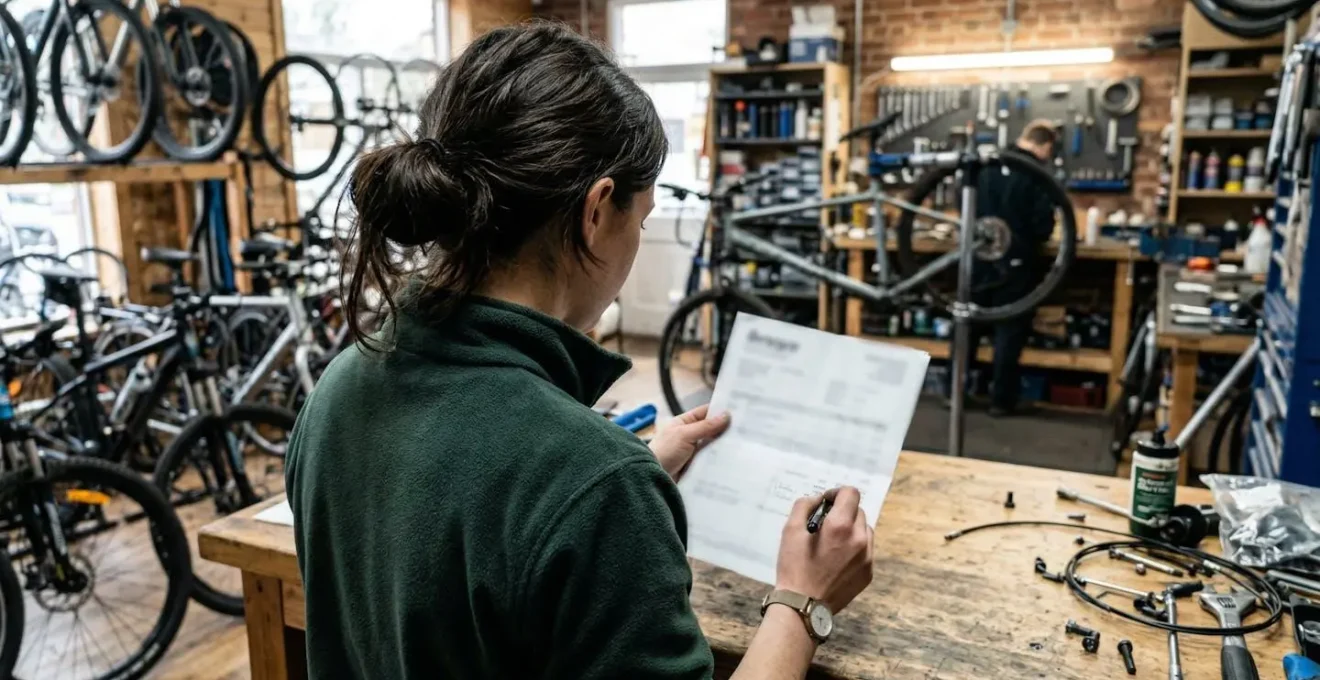 Une personne vue de dos consulte un document dans un espace boutique, vélos flous visibles en arrière-plan