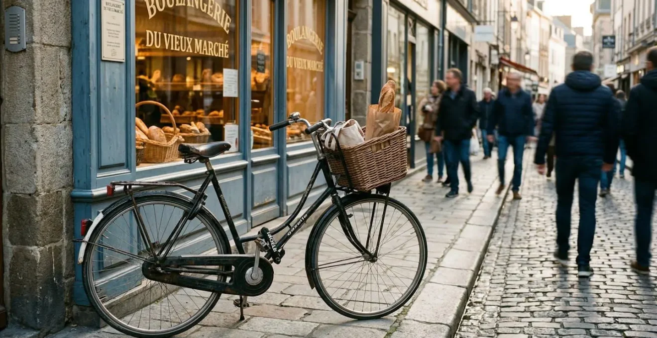 Un vélo hollandais avec panier avant contenant une baguette, garé devant une boulangerie de centre-ville, passants flous en arrière-plan